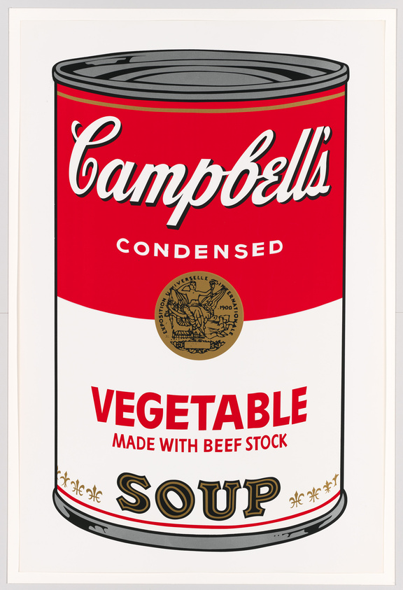 Illustration of a classic Campbell's condensed vegetable soup can with a red and white label.