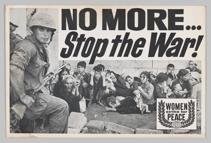 A vintage protest poster with the bold message "NO MORE... Stop the War!" featuring a black-and-white photograph of a soldier in the foreground and a group of distressed civilians, including women and children, in the background. In the bottom right corner, there is a logo for "WOMEN strike for PEACE" with a laurel wreath design. The poster has a worn appearance with creases and slight tears, indicating age and previous use.