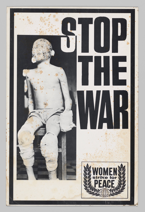 A vintage protest poster with bold black and white text reading "STOP THE WAR" with a black-and-white photograph of a child with bandages on the torso and legs. Below the image, a logo with the text "WOMEN Strike for PEACE" encircled by two olive branches is visible. The poster shows signs of wear and age with some discoloration and creases.