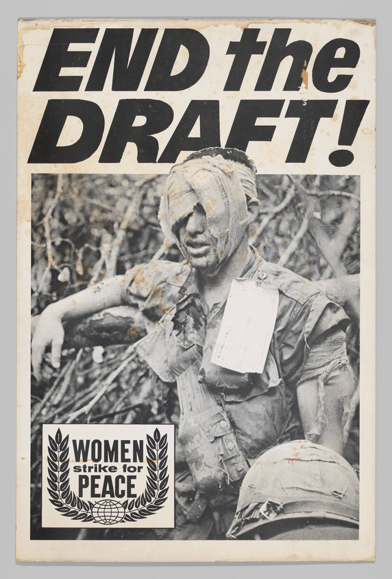 A vintage protest poster with the bold headline "END the DRAFT!" at the top. Below the headline is a black-and-white photograph of a soldier with bandages on his head, appearing weary or injured, with a leaflet or paper attached to his uniform. In the bottom left corner of the poster, there is a logo with the text "WOMEN Strike for Peace" encircling a globe and olive branches. The poster shows signs of wear and age with some discoloration and tears.