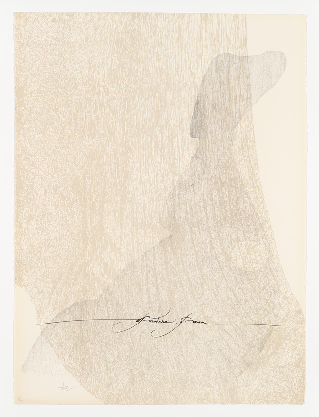 Abstract artwork with textured lines creating a silhouette of a figure and a signature at the bottom.