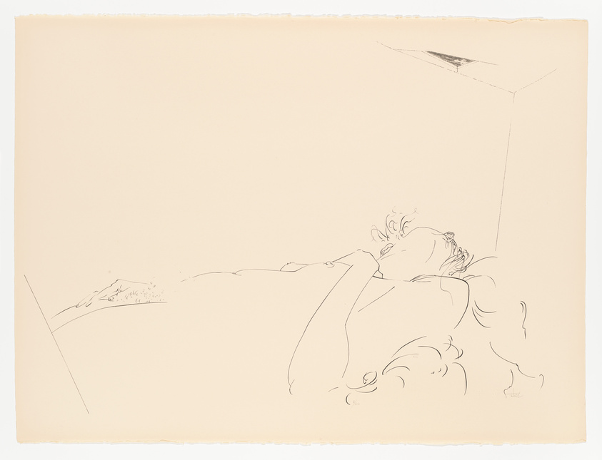 Sketch of a person lying down with their hand on their forehead, minimalistic style, on a beige background.