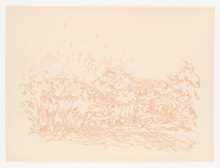 Delicate red line drawing of a whimsical, intricate landscape on a pale background.