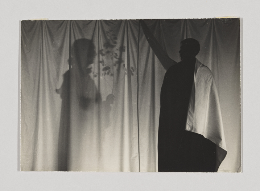 A person in a cloak reaches towards a curtain, casting a shadow of another figure.