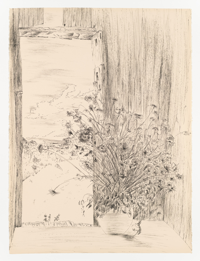 Sketch of a vase with flowers on a table by an open door, with a view of the landscape outside.