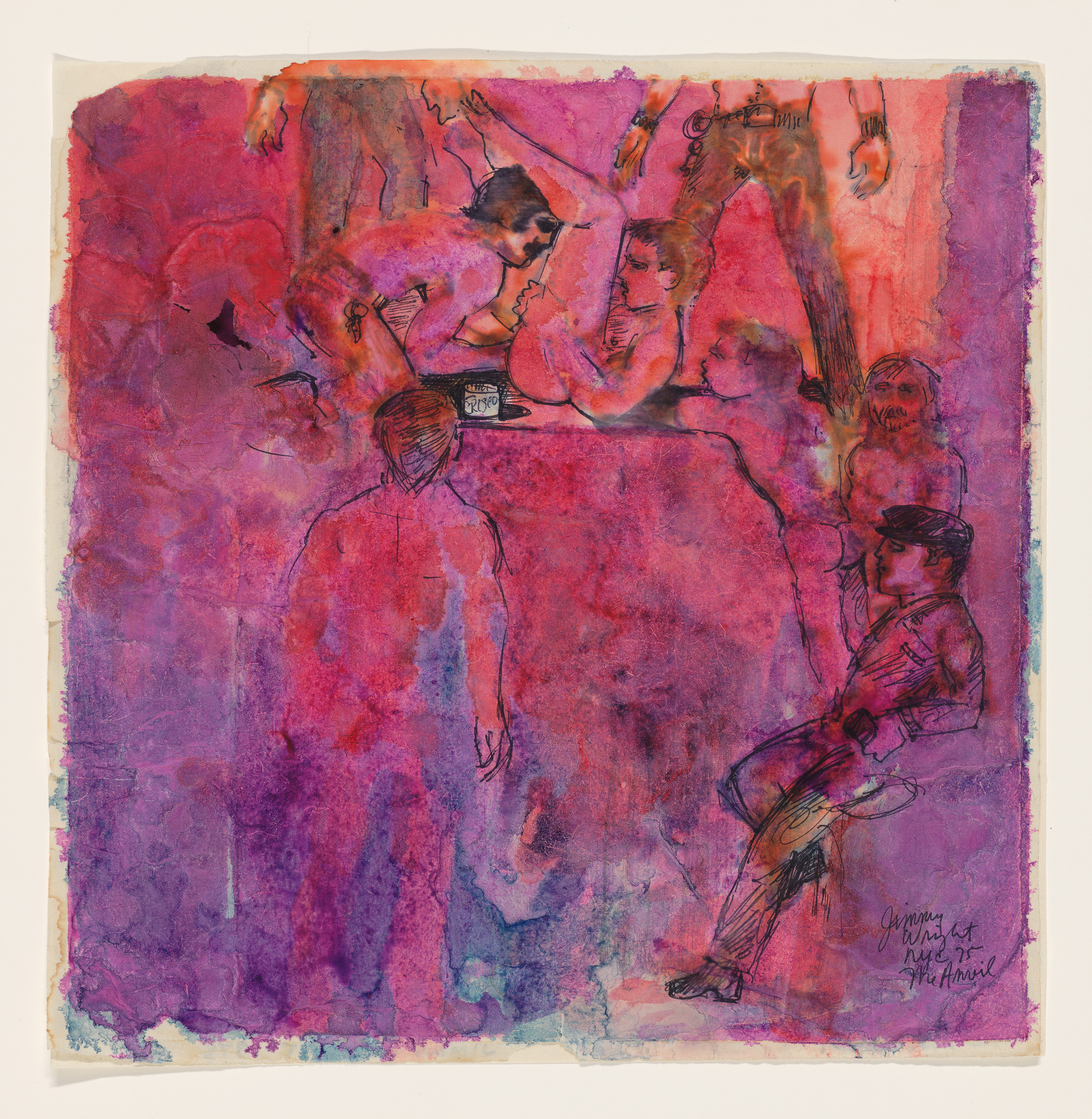 Abstract painting with figures in various poses, set against a vibrant pink and purple background. Some figures appear to be interacting.
