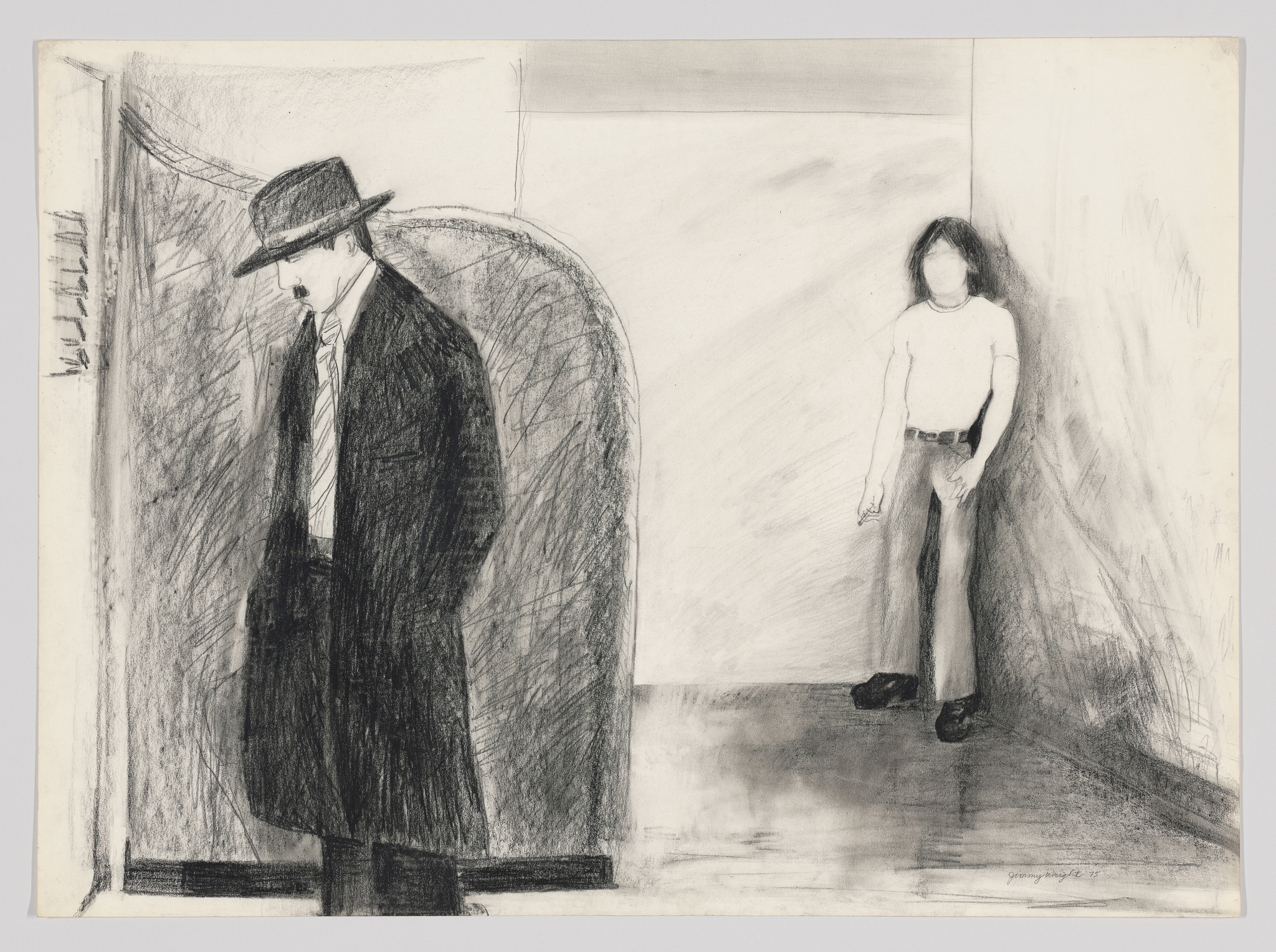 A sketch of two figures in a room, with a man in a suit and hat looking down to his left in the foreground, and a person with long hair and a white shirt standing against the wall in the background. The drawing is rendered in a loose, expressive style with visible pencil strokes.