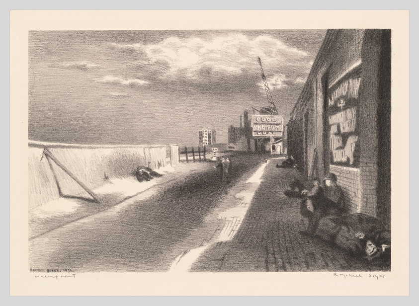 Sketch of a desolate street with people sitting by a wall, a cloudy sky above, and a distant building with a sign.