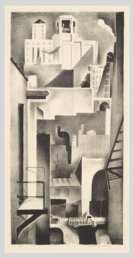 Monochrome abstract drawing of a surreal architectural landscape with staircases and buildings.