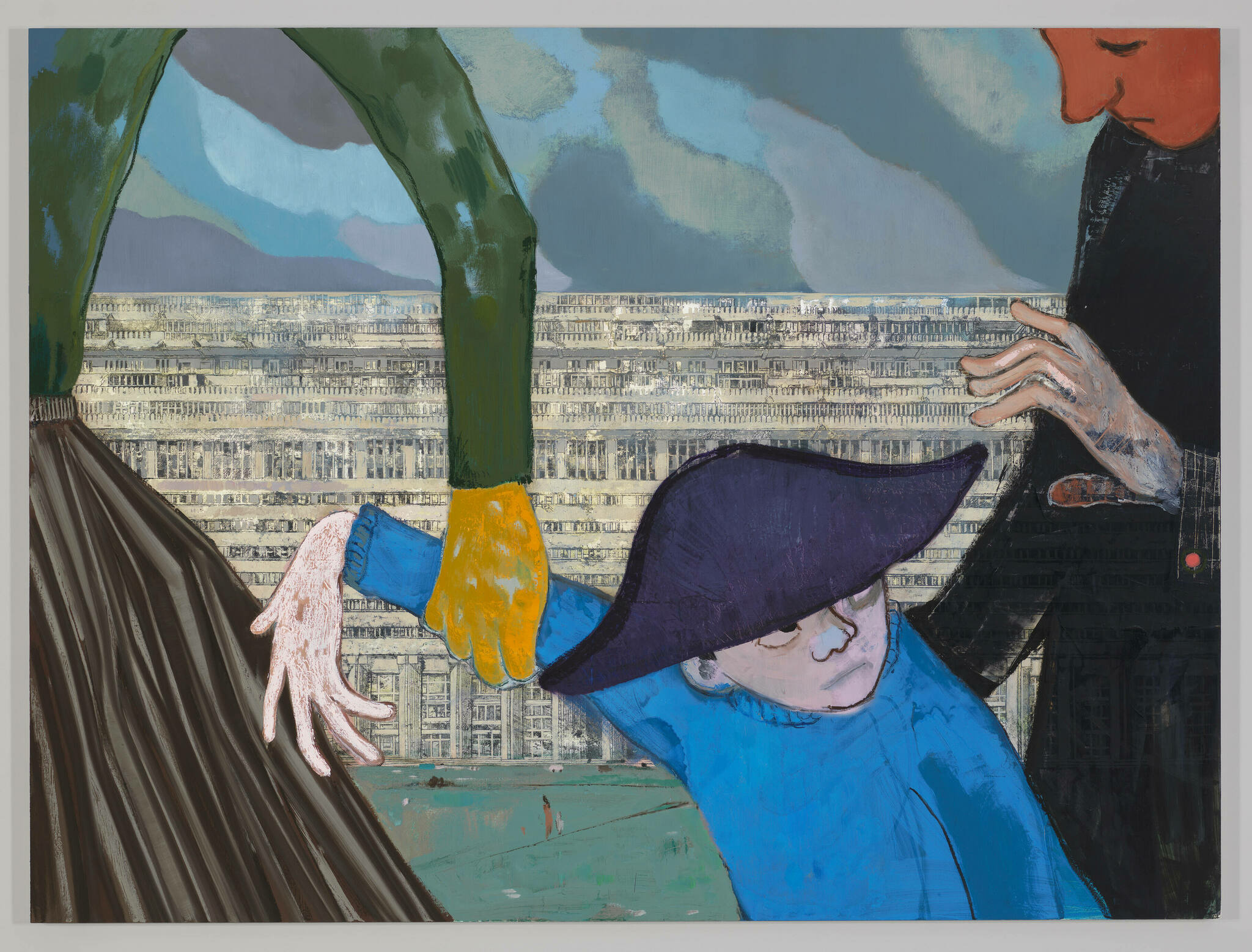 A colorful painting depicting an abstract scene with three figures against a backdrop of a dense, apartment-like building facade. The figure on the left is partially cropped, with green sleeves and yellow gloves, touching the hand of a central figure in a blue coat and purple hat, who appears to be slumped over. The figure on the right, dressed in black, is touching the central figure's shoulder. The sky is overcast with hints of blue and gray.