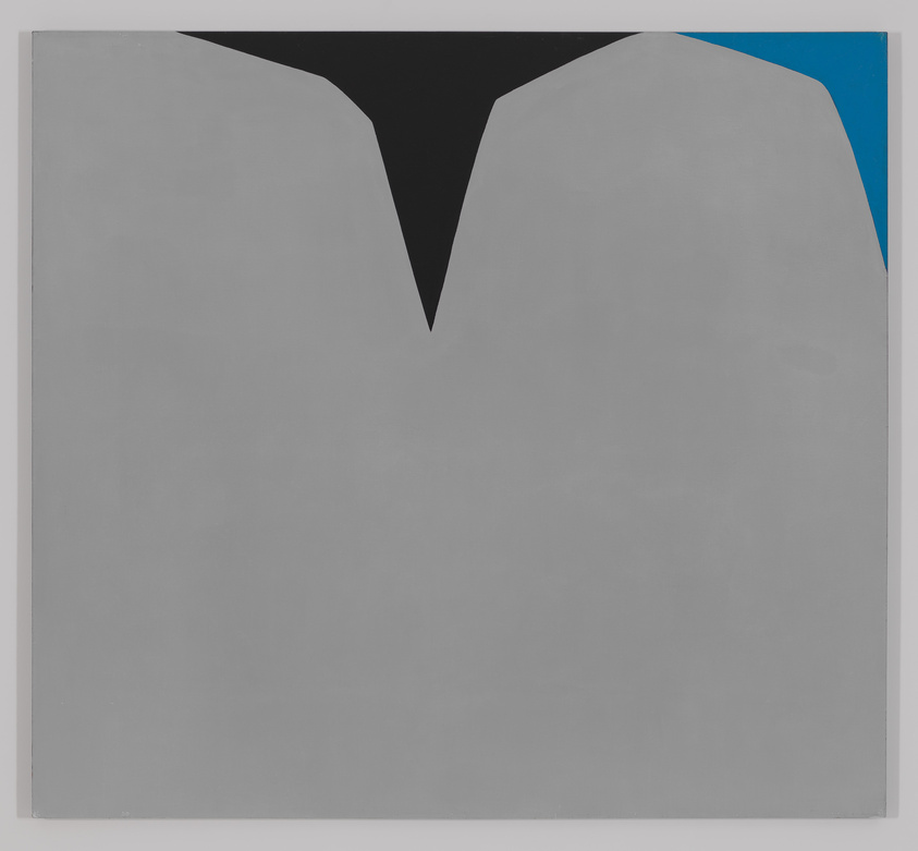 A minimalist abstract painting featuring a large, flat gray shape resembling a stylized mountain or peak against a sky-blue background, with a black triangular notch at the top center creating a sense of depth or shadow.
