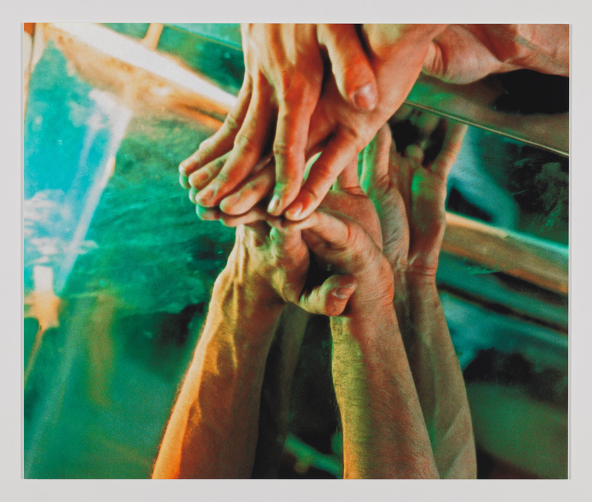 A vibrant, abstract image showing a cluster of human hands in various positions, some clasping each other while others are outstretched or touching, set against a blurred background with green and blue hues that suggest a reflection in water.