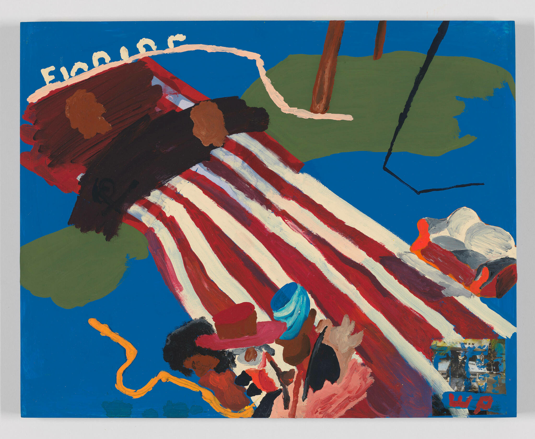 A vibrant abstract painting featuring bold brushstrokes and a mix of colors, with elements that suggest a figure in a red hat, a striped pattern resembling the American flag, and various abstract shapes and forms that create a dynamic composition. The top left corner has the word "FIGURE" written in white, and there's a small section in the bottom right that appears to be a different, more realistic image within the painting.