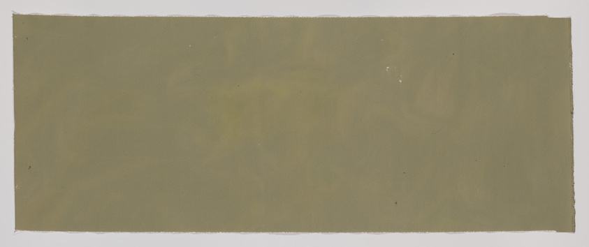 A wide horizontal canvas with a textured olive green surface, bordered by white edges where the canvas is unstretched or unprimed.