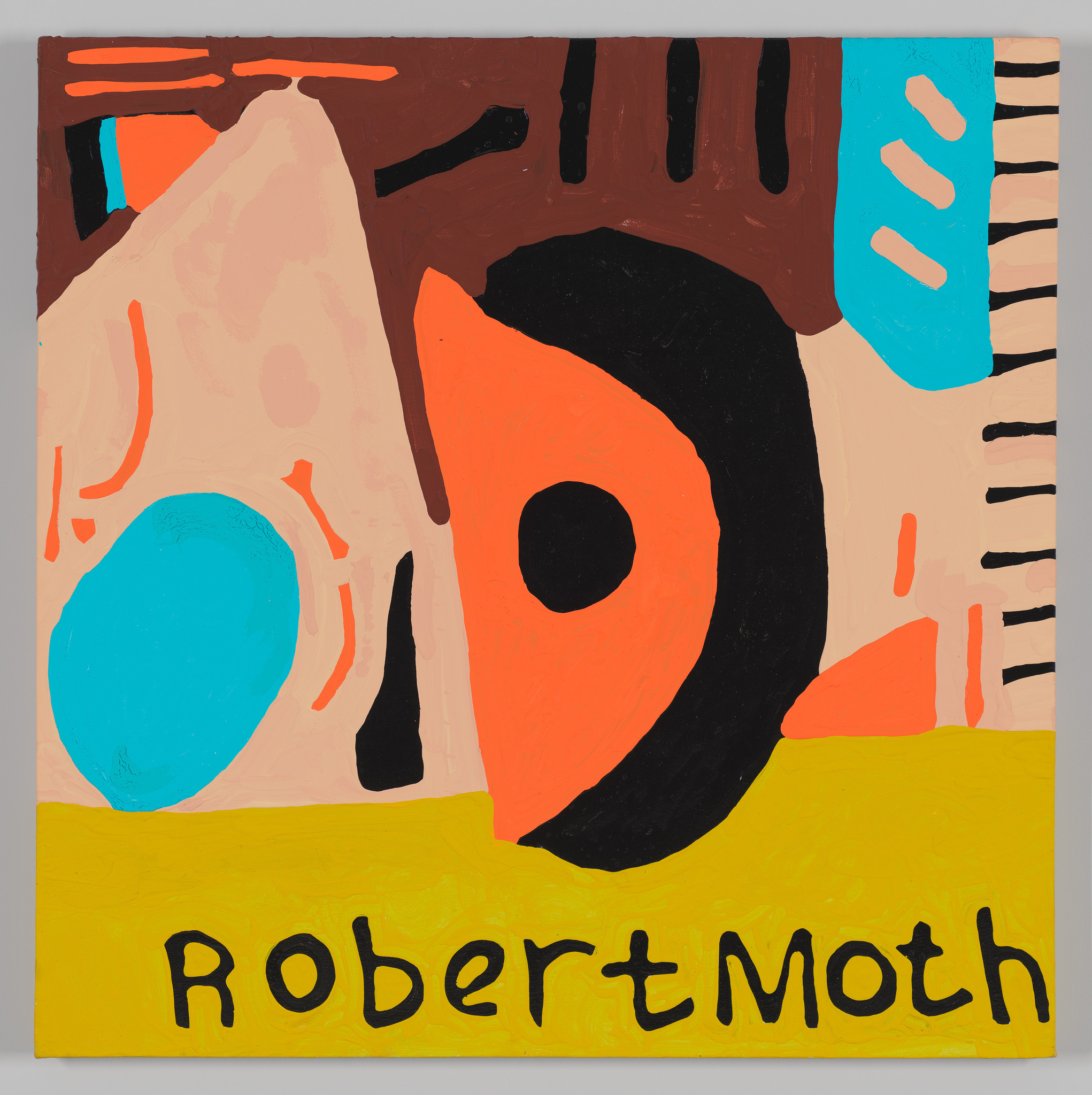 Organic shapes in brown, orange, black, peach and turquoise float above of yellow horizon on which the words "Robert Moth" are written in black. 