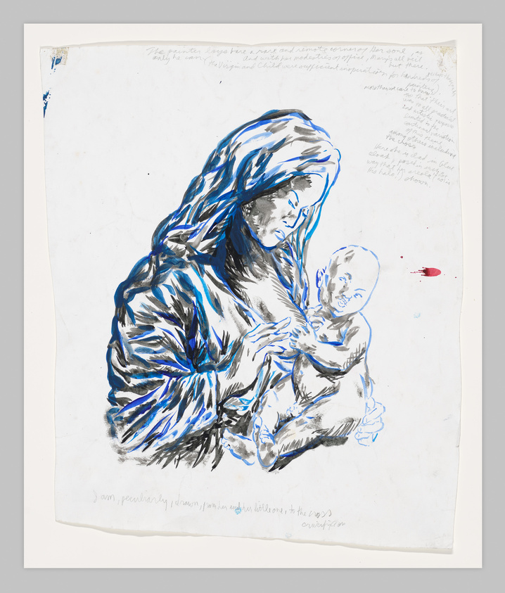 A sketch of a woman holding a baby, predominantly in blue tones with some black and white accents, on a paper with handwritten notes around the edges. There is a small red paint splatter near the top right corner.