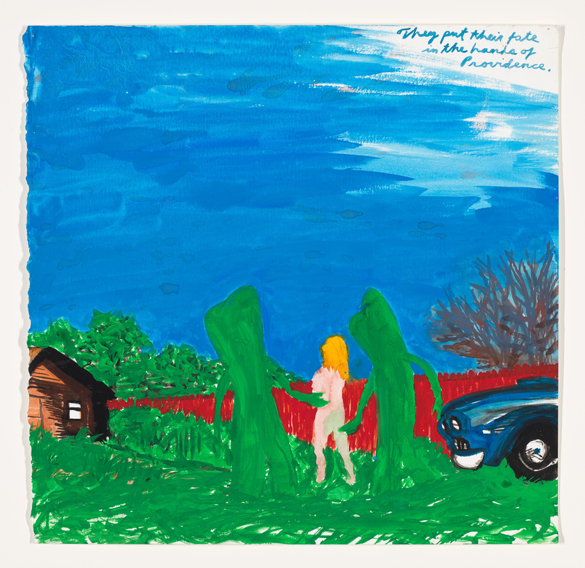 A colorful painting depicting a rural scene with a bright blue sky and handwritten text at the top that reads "They put their fate in the hands of Providence." In the foreground, there's a figure with blonde hair in a pink dress standing between two large green shapes, possibly bushes. To the left, a small brown cabin is partially visible, and to the right, there's a classic blue car with prominent headlights and a chrome grille. The background features a red fence and various greenery, suggesting a lush, vibrant landscape.