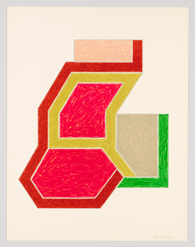 Abstract geometric artwork with hexagonal shapes in red, green, and beige, outlined in gold, on a white background.