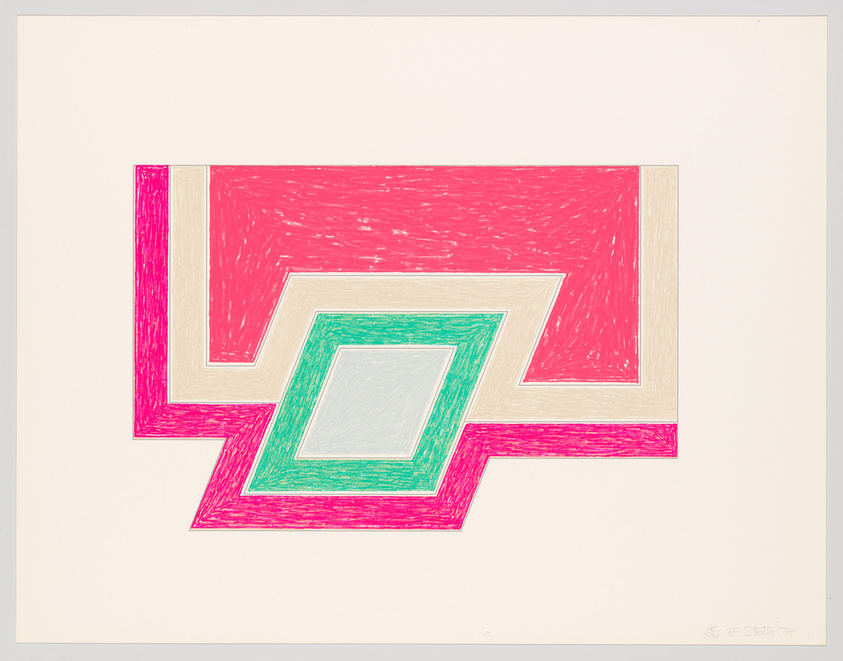 Geometric abstract artwork with concentric rectangles in pink, green, and beige on a white background.