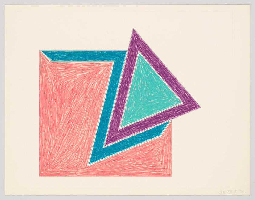 A colorful abstract drawing of overlapping geometric shapes with textured hatch marks.