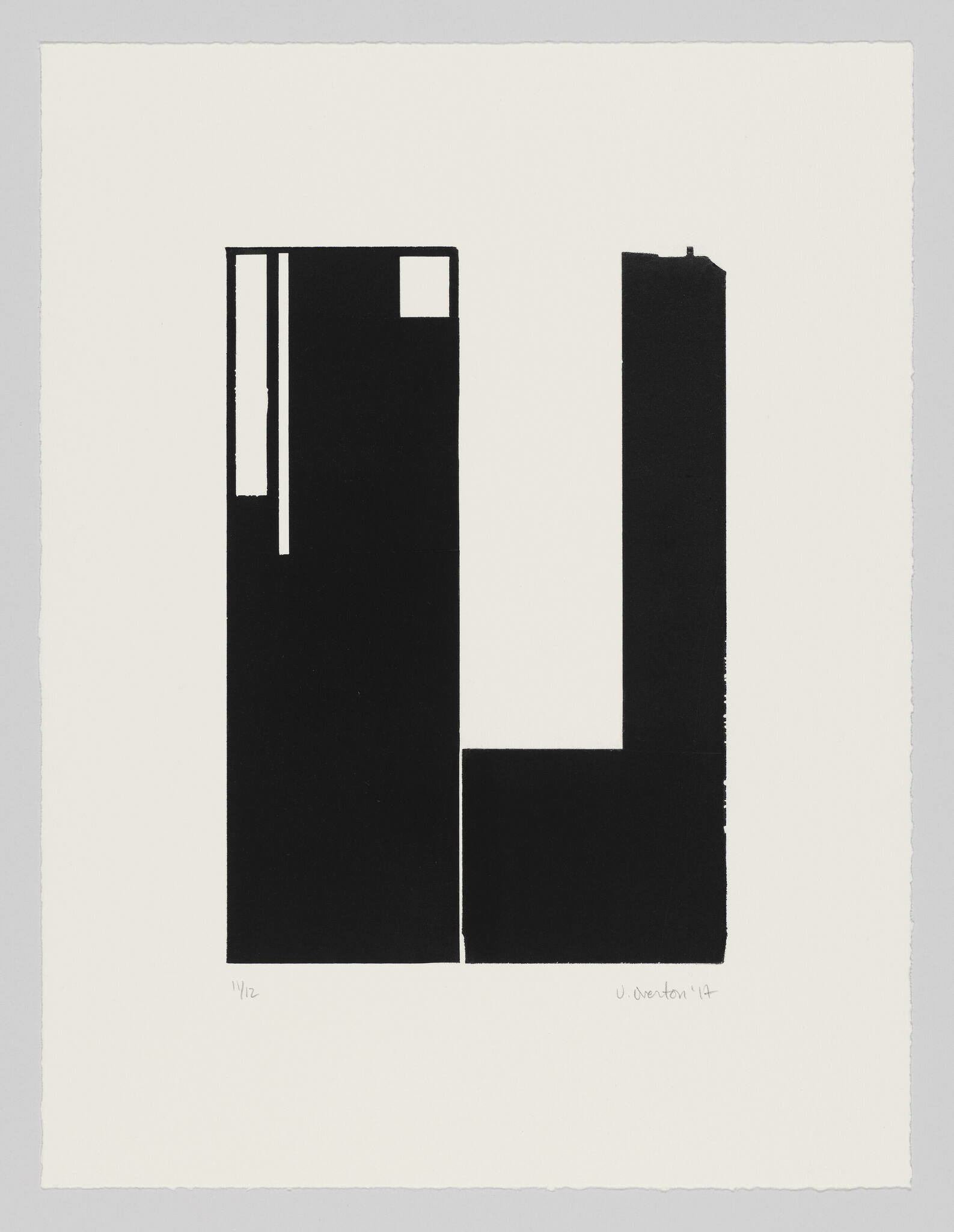 A black and white abstract print featuring two tall, rectangular shapes with a stark contrast between the black figures and the white background. The left shape has three white rectangles within it, and the right shape has a white square cut out from its upper section. There is a signature and a date in the lower right corner, and a fraction in the lower left corner indicating the print number in a series.