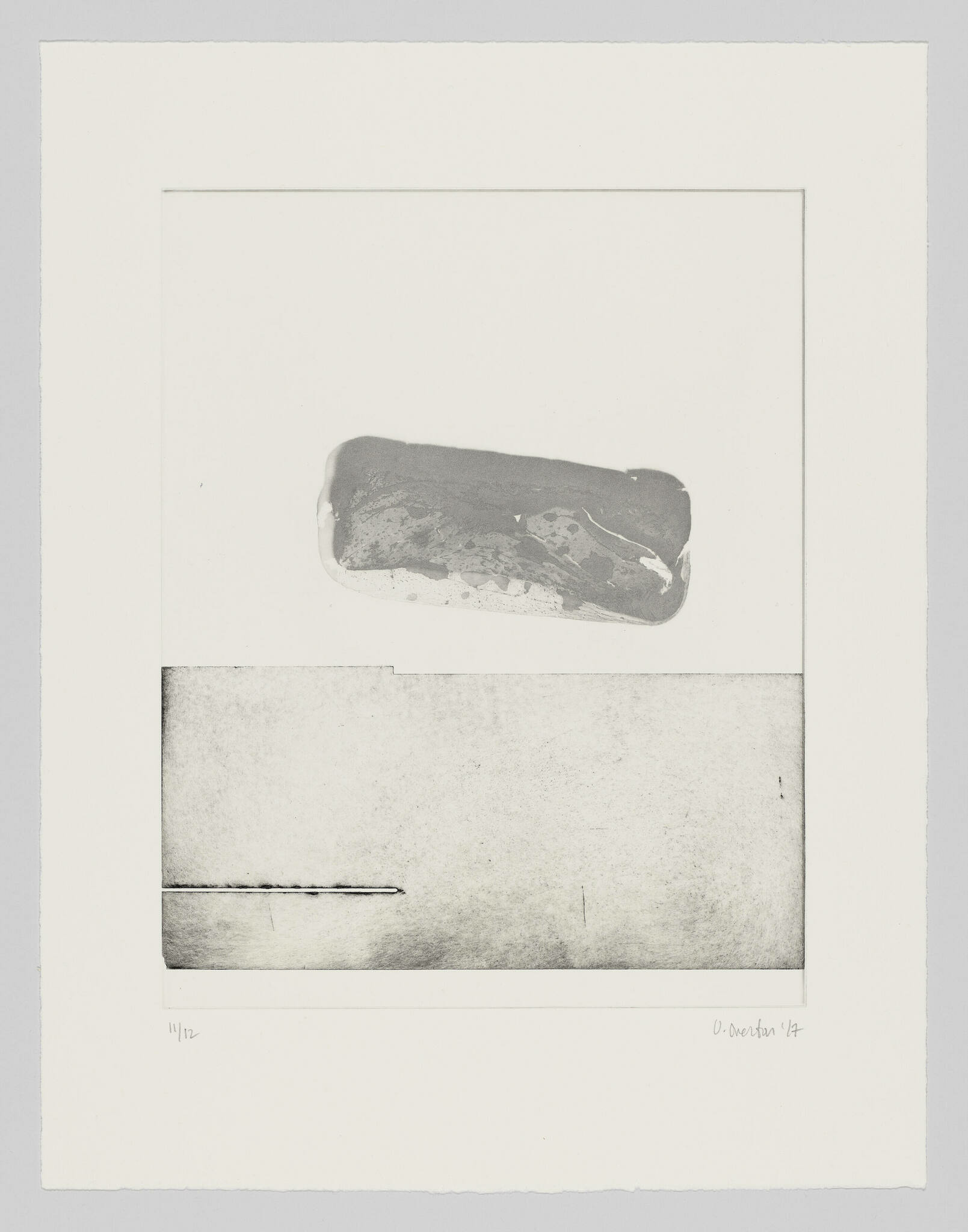 A monochromatic artwork featuring two abstract images on a white background. The upper image is a horizontal, textured smudge with shades of gray, while the lower image shows a minimalistic, horizontal line across a textured field. Both images are framed within their own borders and the piece is numbered and signed at the bottom.