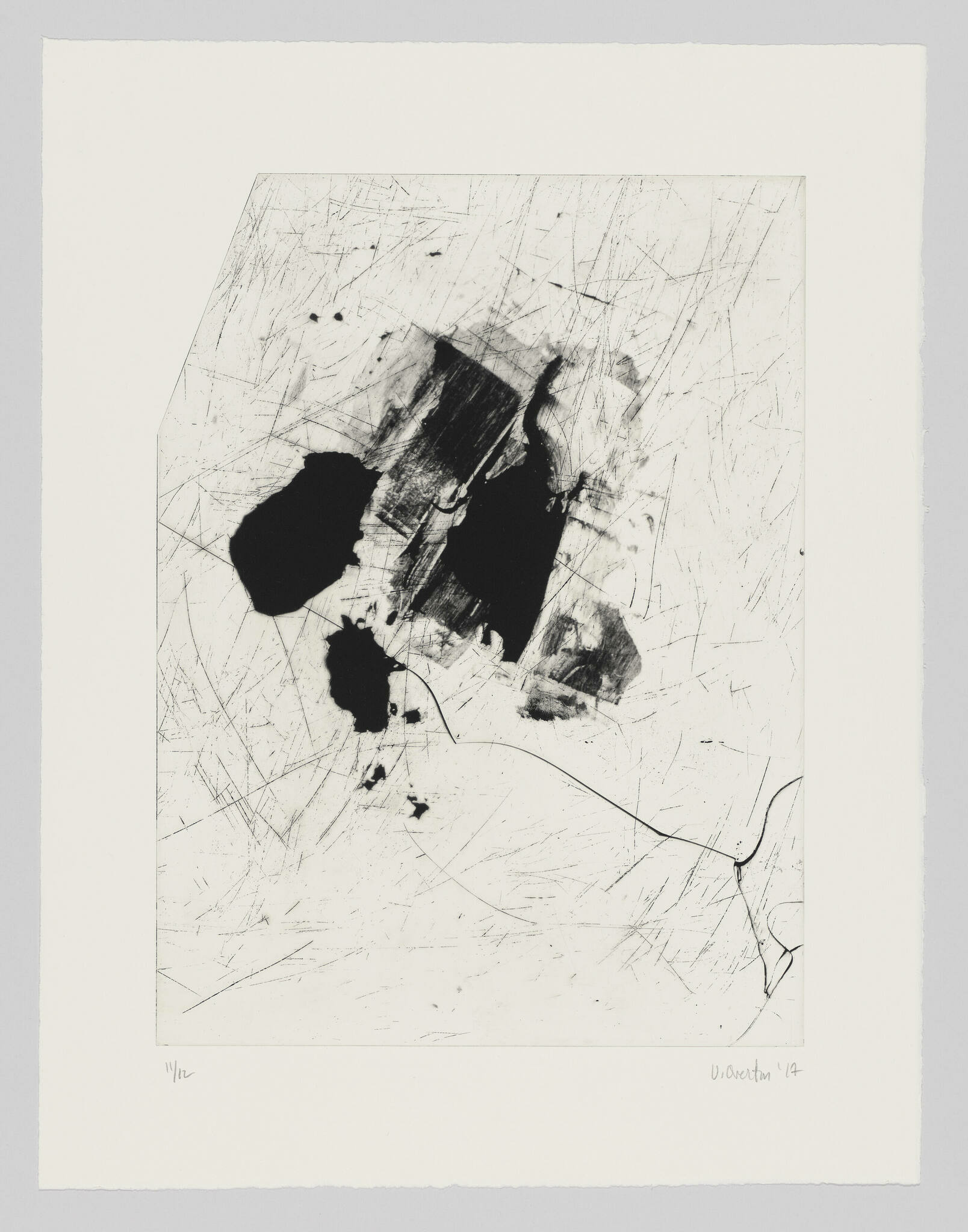 A black and white abstract print featuring a central cluster of dark, irregular shapes surrounded by a multitude of fine, scratch-like lines on a white background. The print has a rough, pentagonal shape and is signed and dated in the lower right corner.