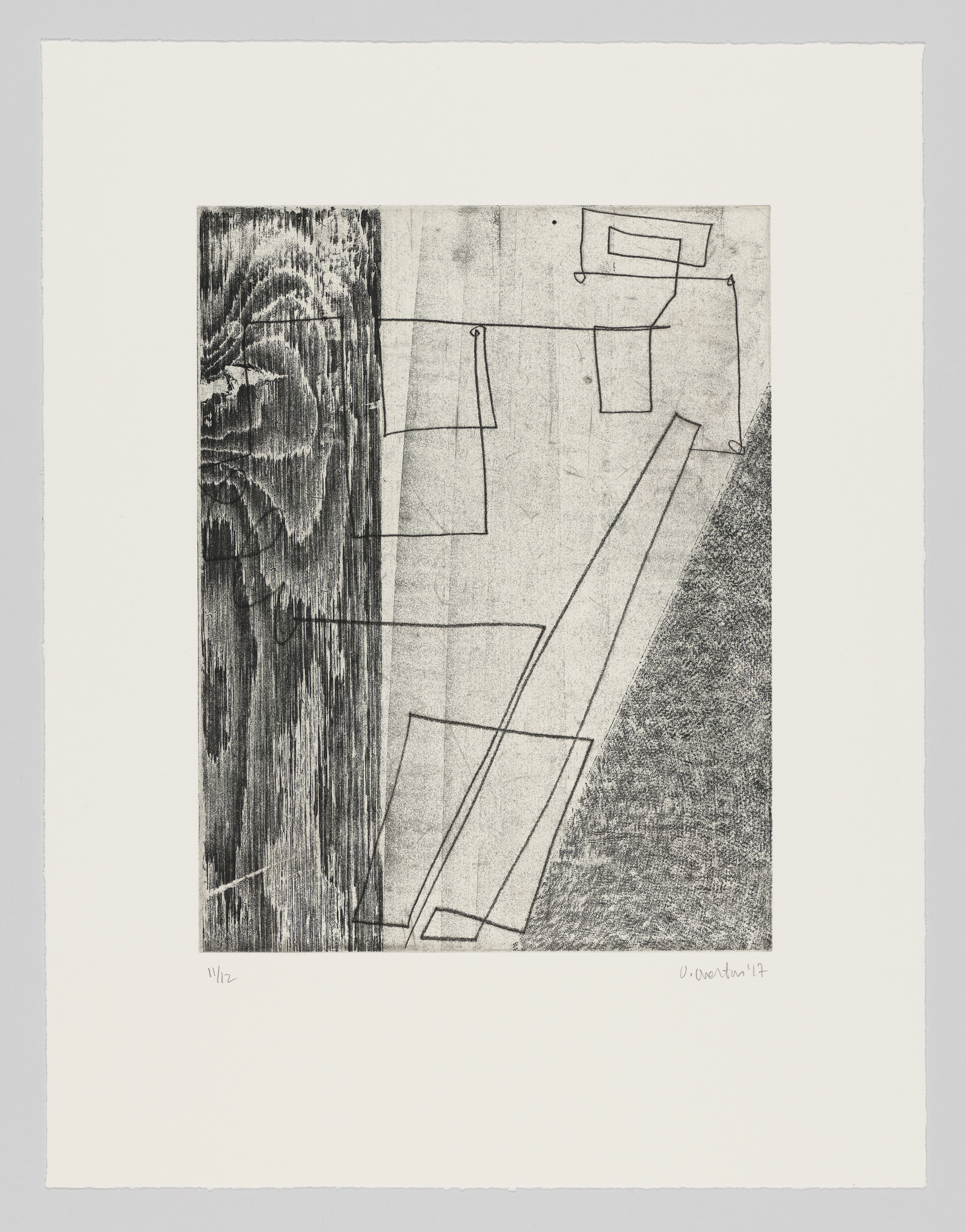 A black and white abstract print featuring contrasting textures and geometric shapes. On the left, a detailed wood grain pattern, and on the right, a series of outlined shapes resembling architectural forms on a textured background. The artwork is signed and numbered in pencil on the bottom edge.