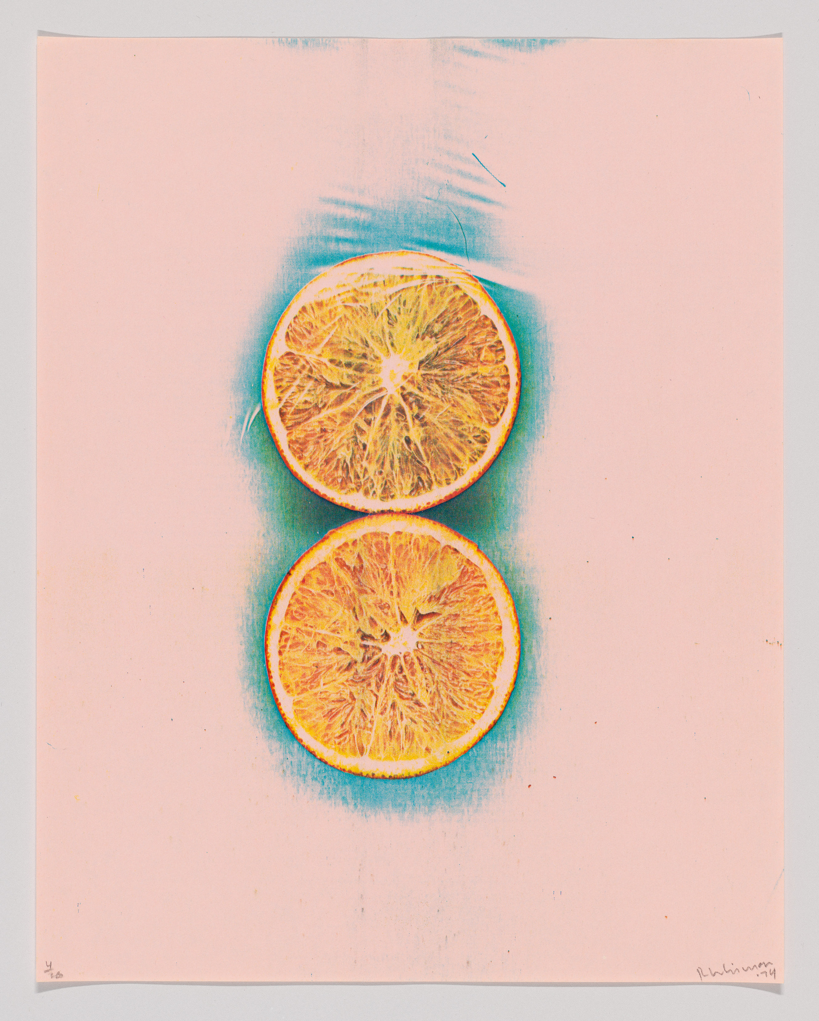 Two vibrant orange slices centered on a pastel pink background with a blue shadow effect.