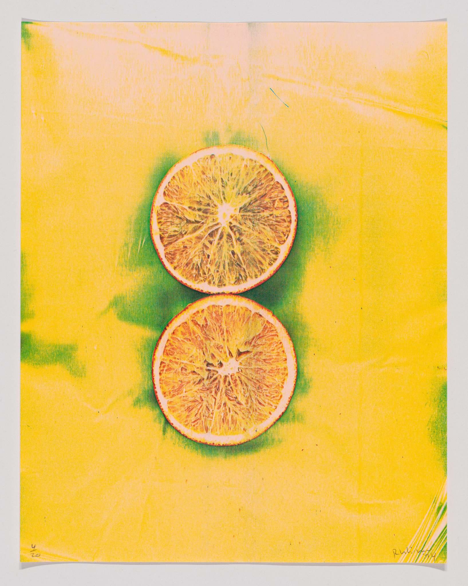 Two orange slices on a textured yellow background with a greenish hue and visible brush strokes.