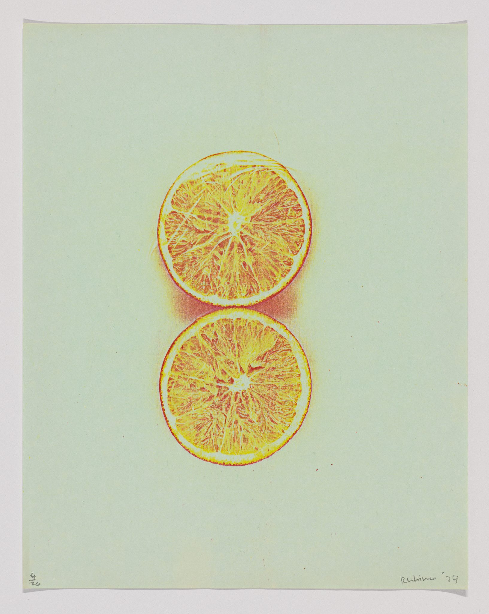 Two vibrant orange slices with a yellow hue on a pale background, signed and dated at the bottom right.