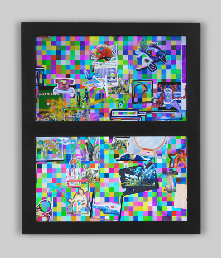A vibrant digital collage featuring a checkerboard of bright colors with various images superimposed, including a unicorn head wearing a helmet, a classical statue, and assorted objects and text, all framed in black.