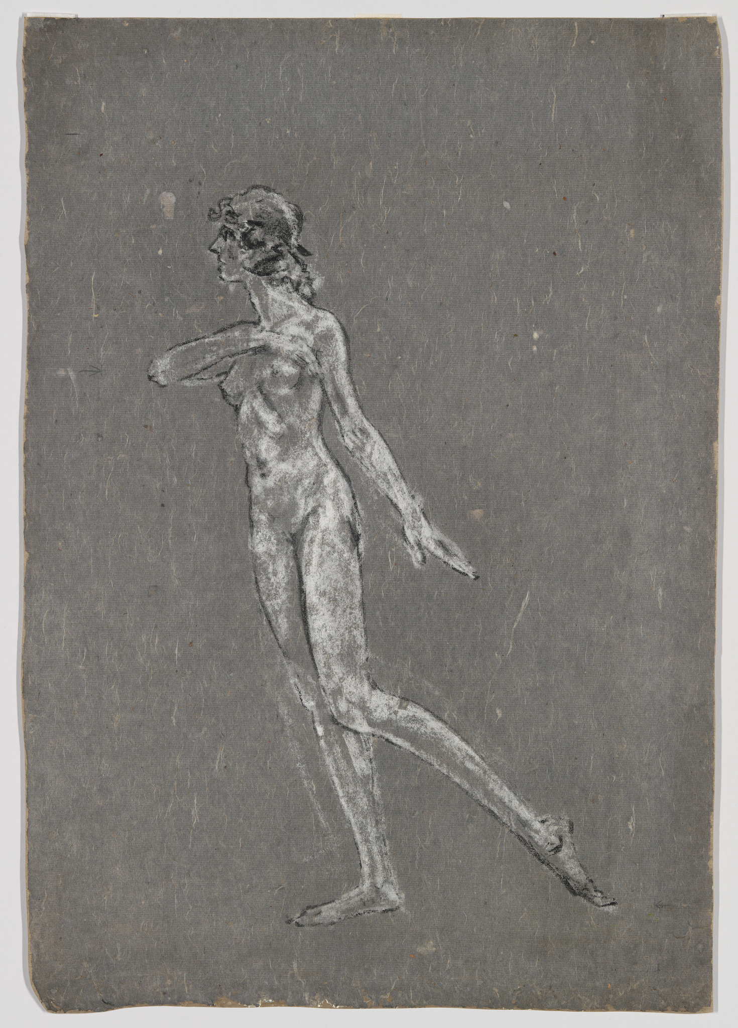 A sketch of a standing nude male figure in profile on a textured gray background. The figure appears to be in motion, with one arm extended forward and the other back, while one leg is positioned in front of the other as if mid-step. The artwork captures the anatomy and musculature with detailed shading and line work.