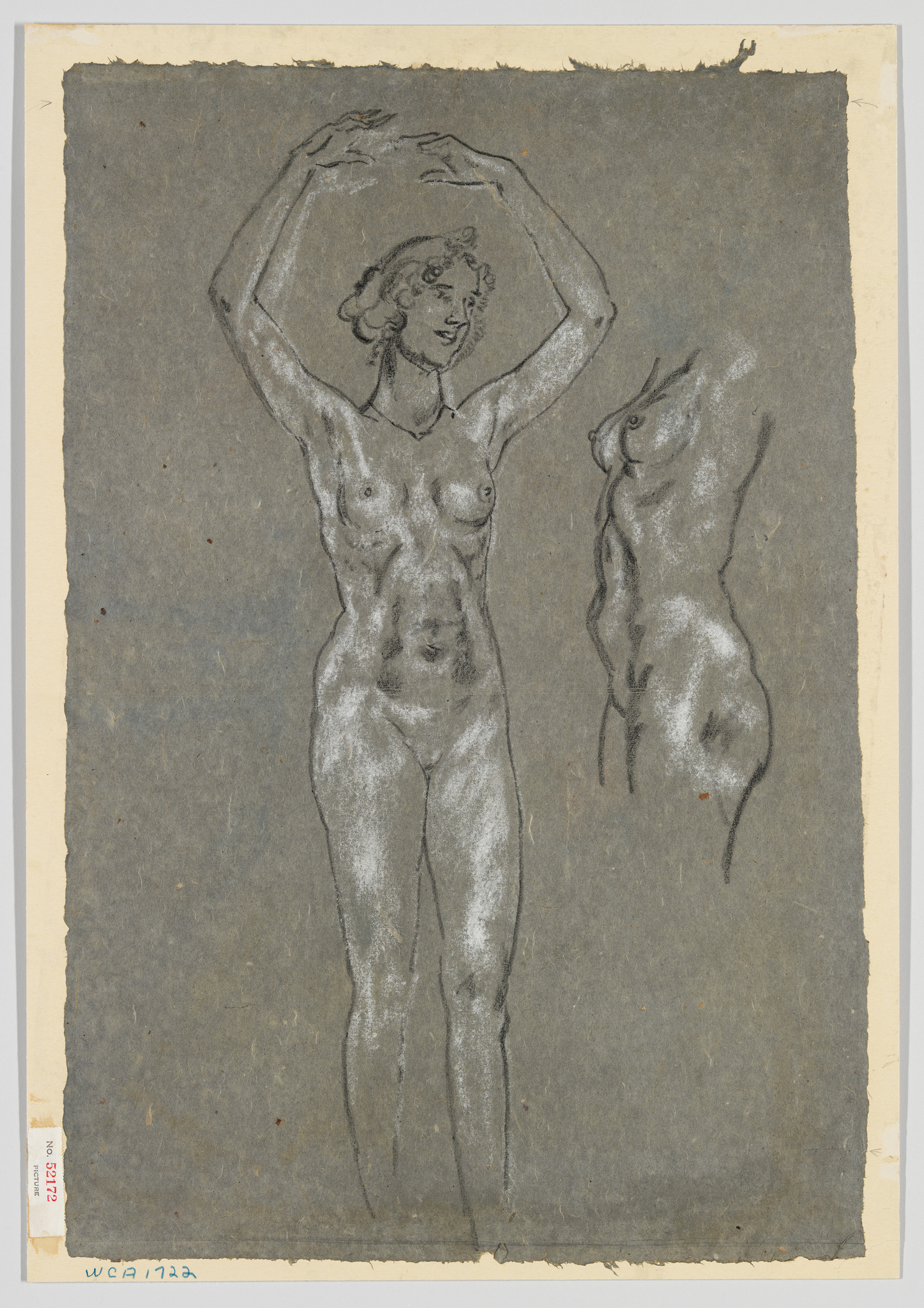 A sketch on gray paper featuring a standing nude female figure with her arms raised and hands clasping above her head. To her right, a smaller, less detailed sketch of a similar pose. The drawing exhibits a rough, expressive style with visible strokes and shading. The paper has rough edges and is marked with a catalog number at the bottom left corner.