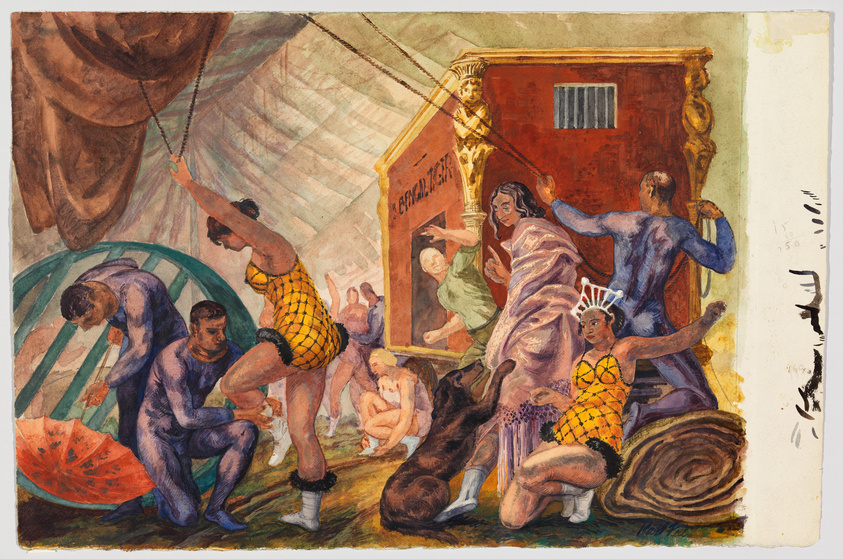 A vibrant watercolor painting depicting a dynamic circus scene with performers in various actions: a man in a yellow patterned costume reaching upwards, a woman in a pink dress dancing, a figure in blue tights crouching, and other performers in the background engaging with props and animals. The setting includes a large red circus wagon with the word "CONQUISTADOR" and a golden figurehead, a brown curtain, and a watermelon slice on the ground. The artwork is rich in color and movement, capturing the lively atmosphere of a circus performance.