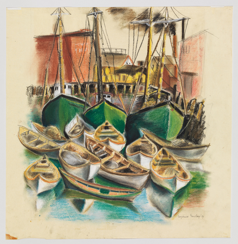 A colorful pastel drawing depicting a bustling harbor scene with several rowboats in the foreground and larger sailing ships docked in the background. The boats are detailed with highlights and shadows, suggesting a bright day. Buildings with hints of red and yellow hues appear behind the ships, and the artist's signature is visible in the lower right corner.
