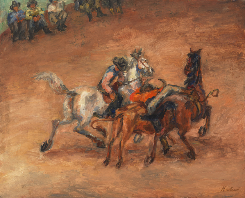 An impressionistic painting depicting two cowboys on horseback engaged in what appears to be a rodeo event. The cowboy on the left rides a white horse and leans forward, holding onto the reins, while the cowboy on the right is on a brown horse and seems to be using a whip. The background features a group of onlookers, and the artist's signature is visible in the lower right corner. The brushwork is loose and expressive, with a warm color palette dominated by shades of brown and orange.