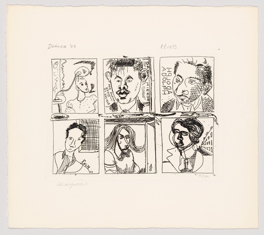 A black and white print featuring six distinct, stylized portraits arranged in a two-by-three grid. Each portrait is contained within its own box and showcases a unique character with exaggerated features and expressions. The artwork has a sketch-like quality with visible lines and cross-hatching for shading. Handwritten text and numbers are present on the bottom and sides of the image, suggesting the piece is part of a limited series.