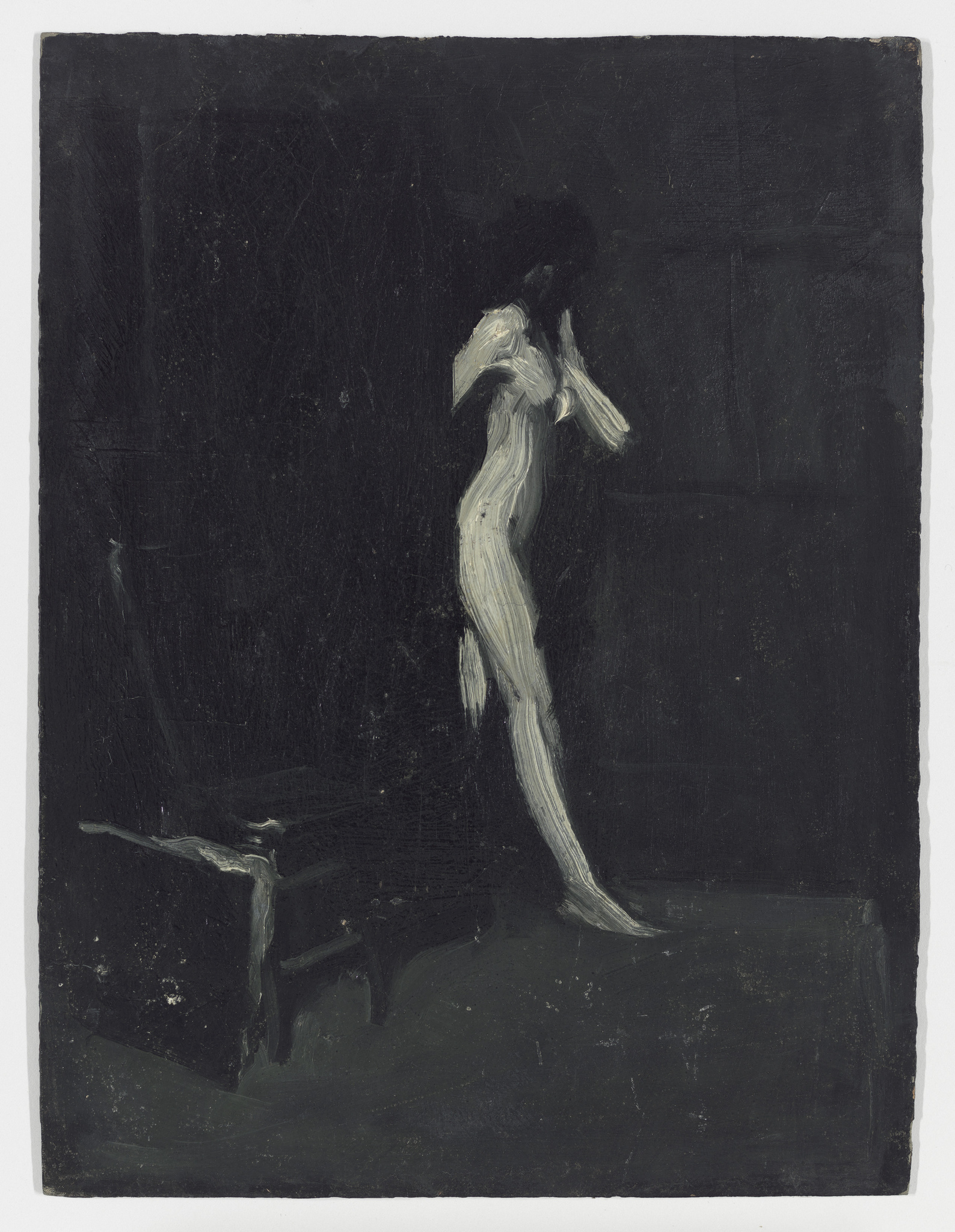 A painting depicting a ghostly white figure of a woman standing in a dark, shadowy room with her back to the viewer. The figure appears ethereal, with brush strokes that give a sense of movement or otherworldliness. A small, indistinct object or figure is visible to the left in the darkness. The overall mood is somber and mysterious.
