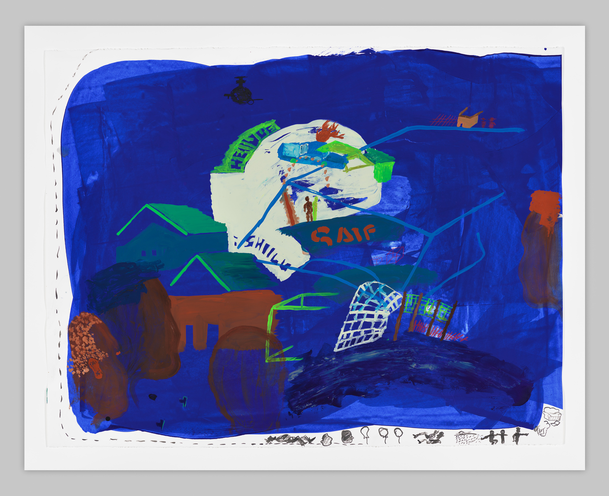 A vibrant abstract painting with a dominant blue background featuring a mix of shapes, scribbles, and text. Various colors such as green, orange, and white are used to create contrasting elements and structures that resemble houses and figures. The bottom edge of the painting includes a row of small, black pictogram-like drawings.