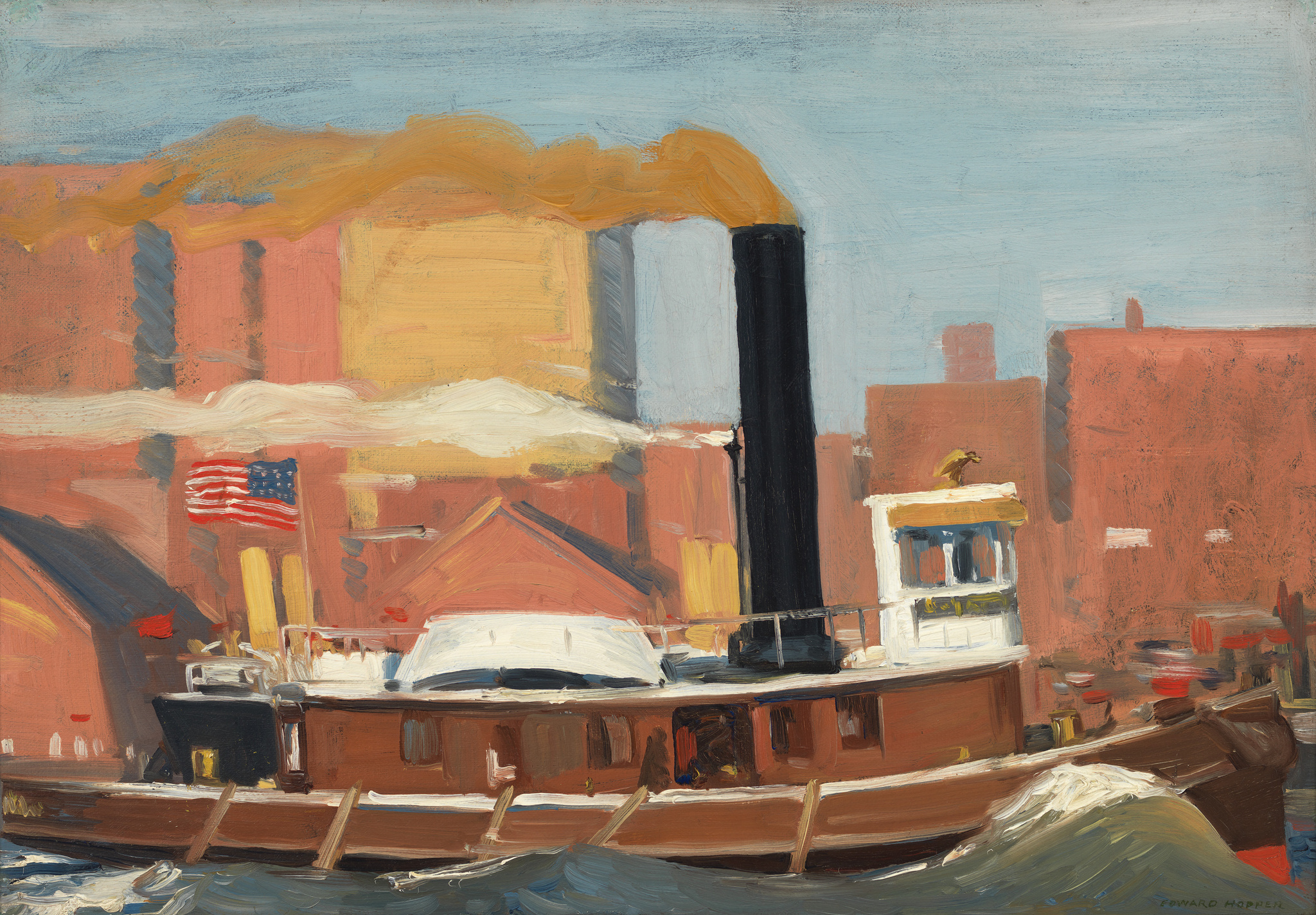 A painting depicting a tugboat on the water in the foreground, with an American flag prominently displayed on its stern. The background features stylized industrial buildings in warm tones of red, orange, and yellow, with a large smokestack rising above the structures. The sky is painted in light blue with brushstrokes suggesting clouds. The artist's signature is visible in the lower right corner.