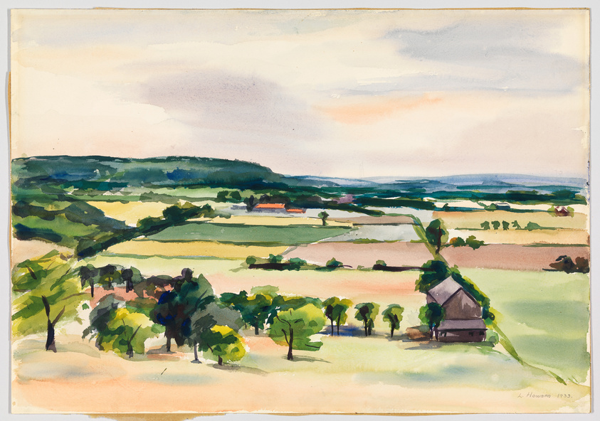 Watercolor landscape painting depicting a rural scene with rolling hills, fields in various shades of green and yellow, and a cluster of trees surrounding a small house in the foreground. The sky is painted with soft hues of blue, pink, and white, suggesting either dawn or dusk. The artwork is signed and dated in the lower right corner: "K. Hovnan 1935."