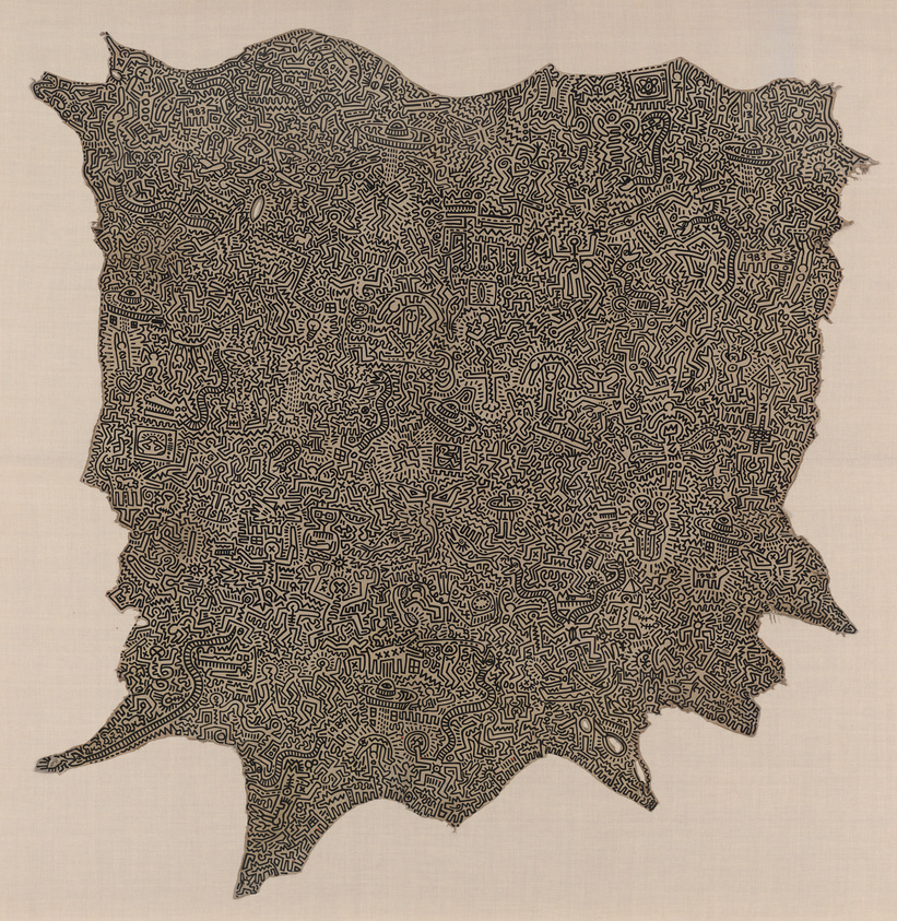 Intricate black and white maze-like pattern on an irregularly shaped canvas.