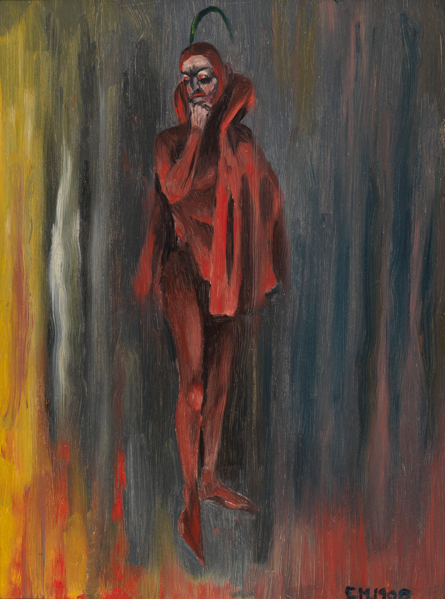 A painting depicting a figure in a red cloak with a contemplative expression, standing against a background with vertical streaks of yellow, grey, and blue. The figure has a green sprout-like detail on top of the head, and the brushwork is expressive and textured.