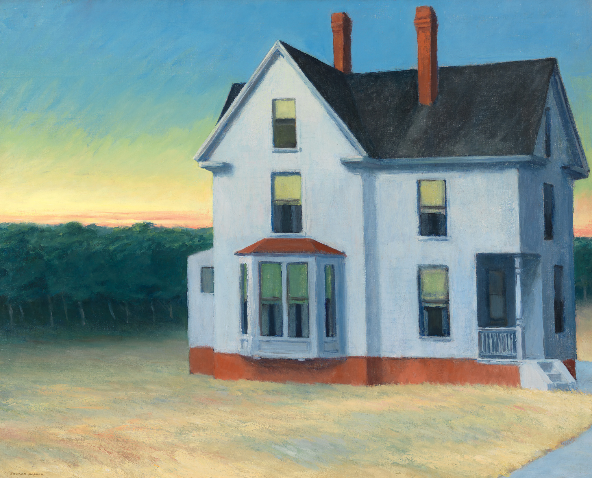 A painting of a large, two-story white house with a dark roof and red chimneys set against a twilight sky with hues of blue, green, and orange. The house casts a shadow on the grassy foreground, and a line of trees is visible in the background. The style of the painting is reminiscent of Edward Hopper's work.