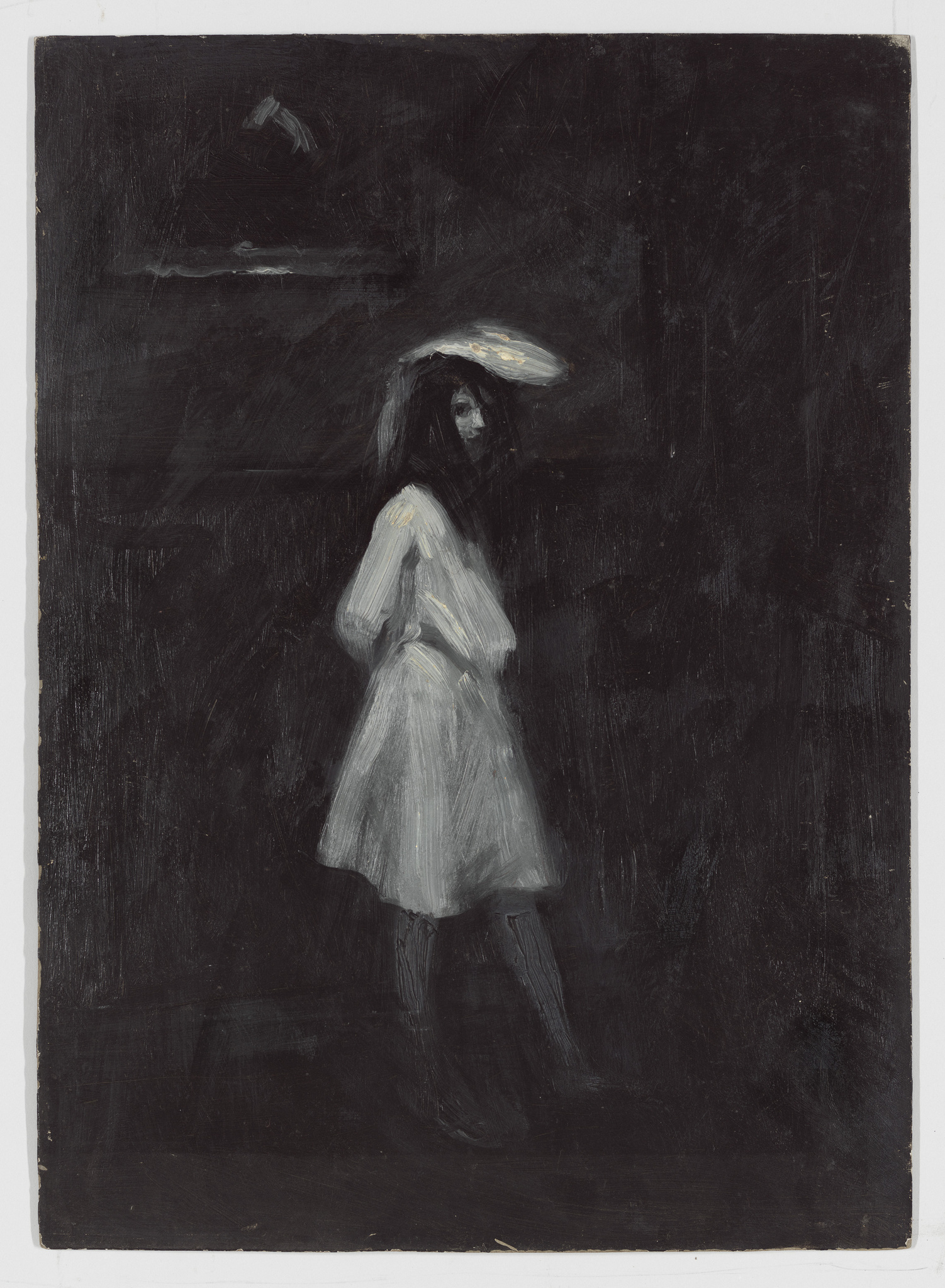 A painting depicting a solitary figure in a white dress and hat, standing against a dark, almost monochromatic background. The figure appears to be illuminated from above, creating a stark contrast with the surrounding darkness.