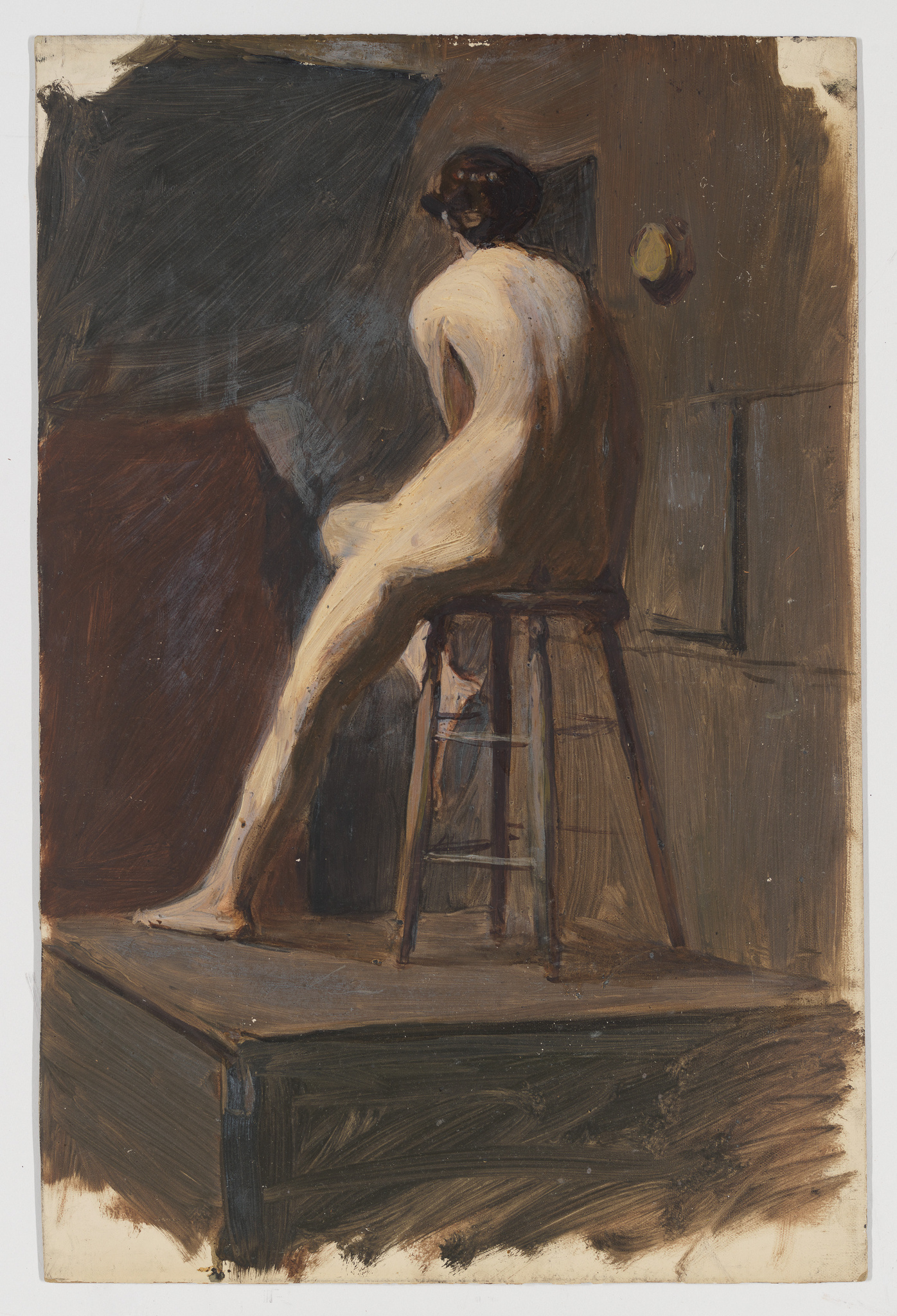 A painting depicting a nude figure seated on a wooden stool, viewed from the side with their back to the viewer. The figure's head is turned slightly, suggesting they may be looking over their shoulder. The background is dark and loosely defined, with a hint of a window or a framed picture on the wall to the right. The painting has a rough, expressive quality with visible brushstrokes and a limited color palette dominated by browns and dark tones.