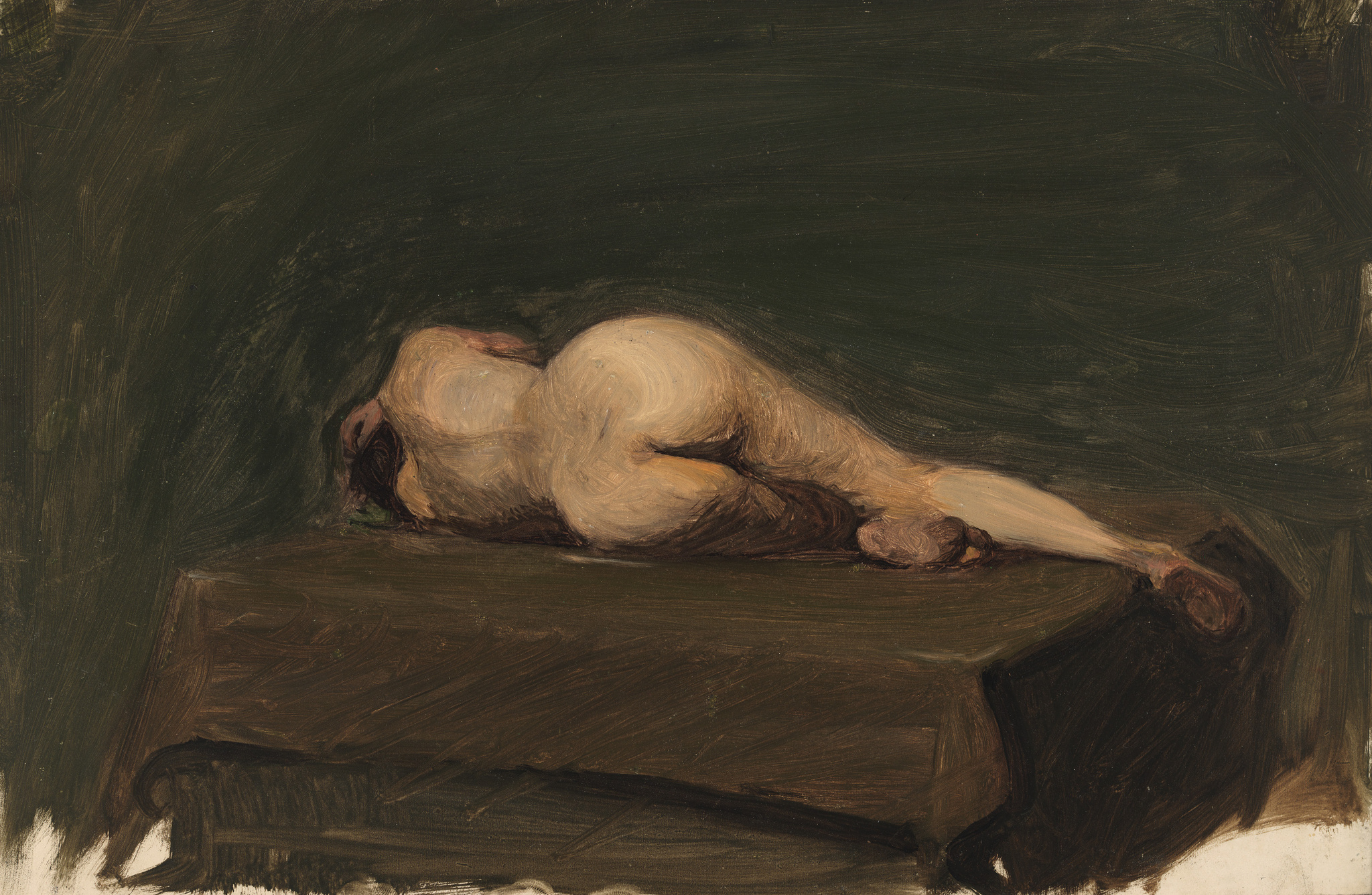 Oil painting depicting a reclining nude female figure from behind, lying on a dark brown surface with a predominantly dark green background. The brushstrokes are loose and expressive, suggesting the artwork is likely from the impressionist or post-impressionist movement.