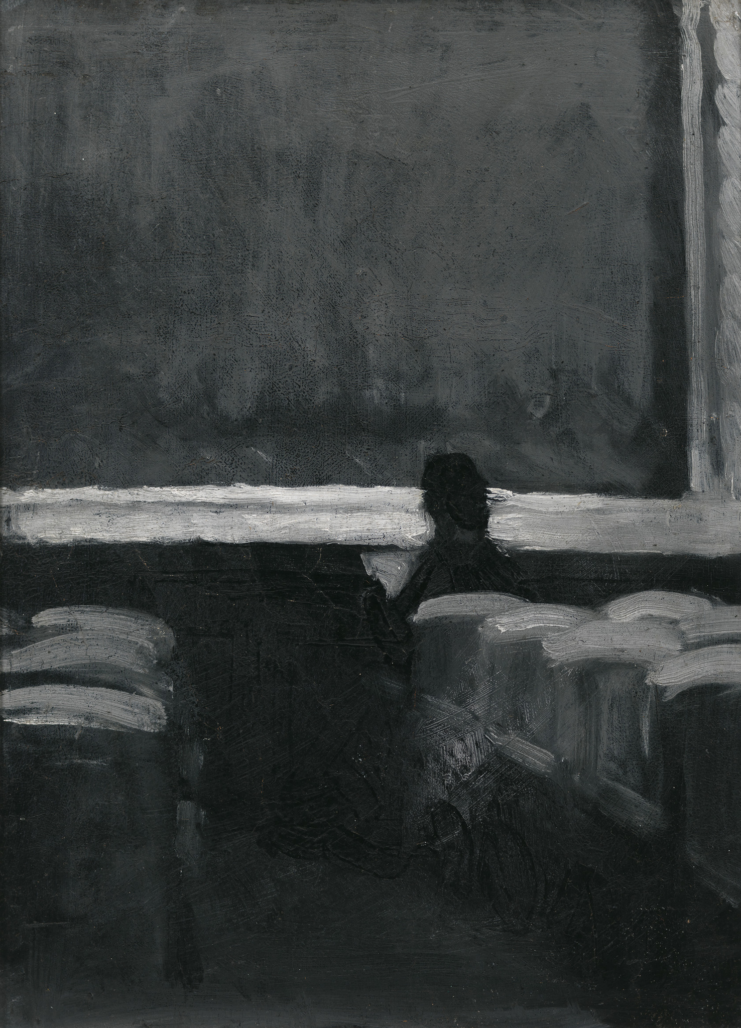 A monochromatic painting depicting the silhouette of a person sitting in a dark room, gazing out of a large window with a light-colored sill. The room appears empty except for the figure and the window, with the outside view obscured, creating a contemplative or solitary atmosphere.