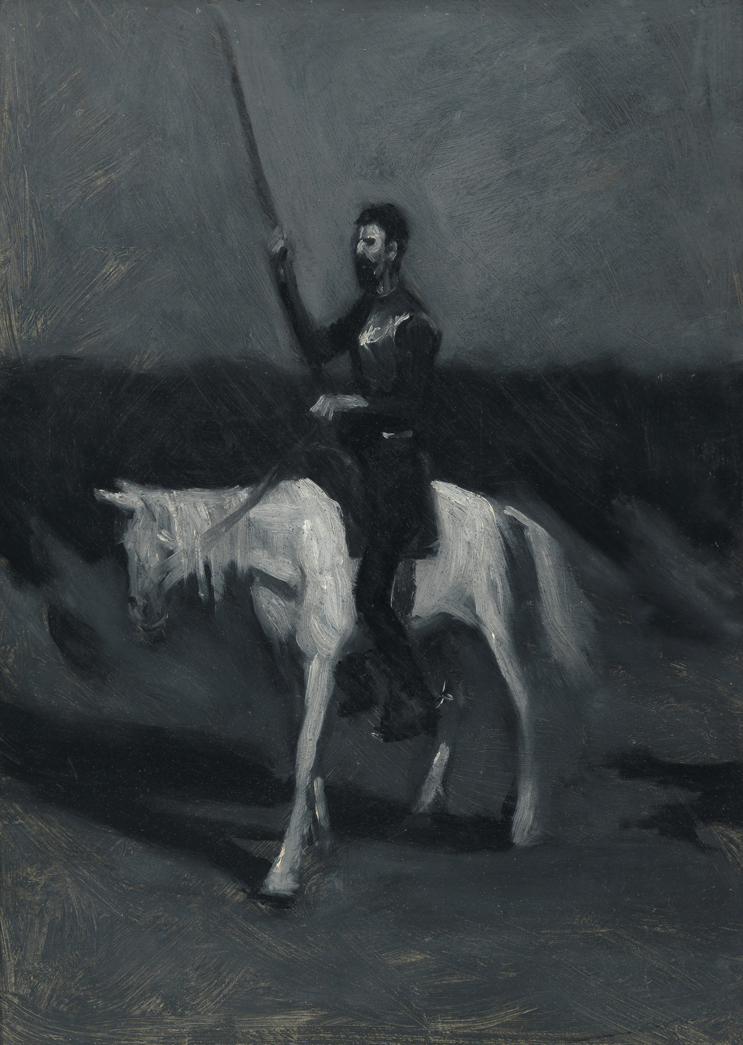 A monochromatic painting depicting a figure on horseback, rendered in expressive brushstrokes primarily in black and white. The rider, who appears to be a man with a beard, is holding a long staff or spear aloft, and the horse is captured mid-stride. The background is indistinct, suggesting a tumultuous atmosphere.
